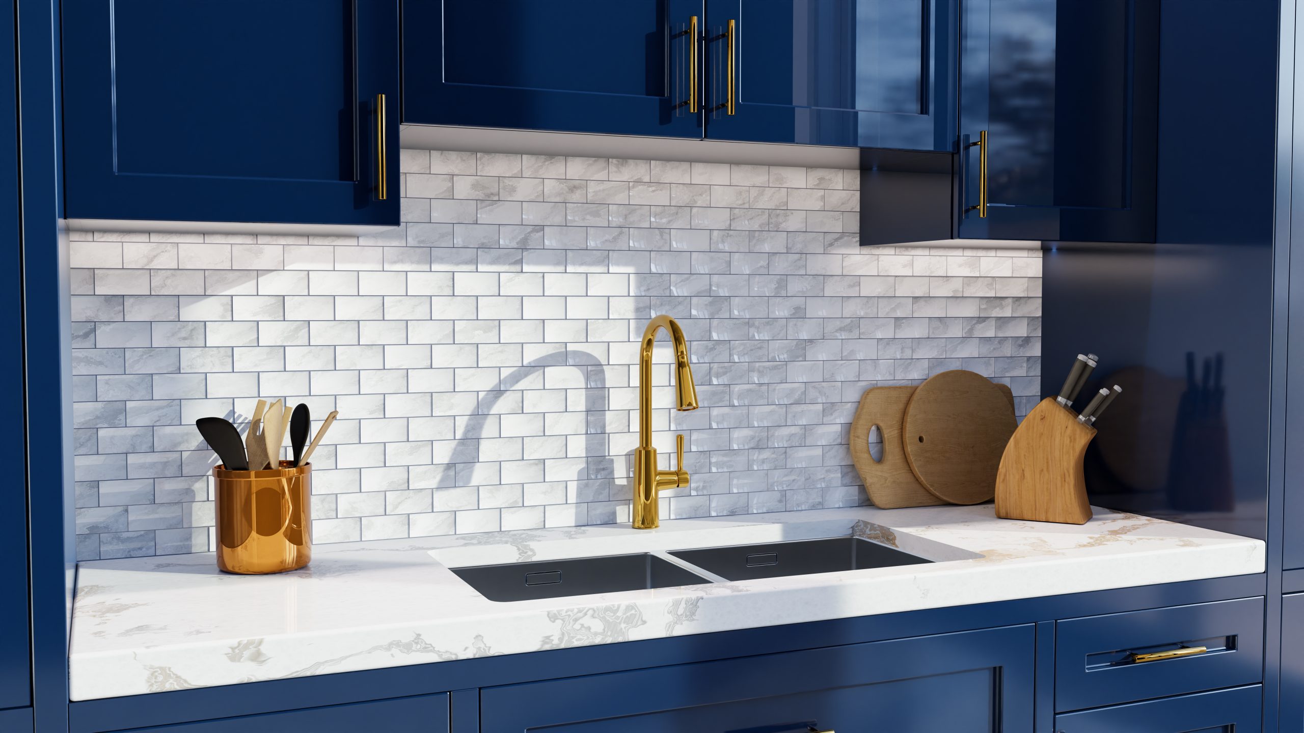 Kitchen interior with kitchens utensils, white tile backsplash, navy blue kitchen cabinets in shaker door style and modern quartz countertops. 3D ren ... See More